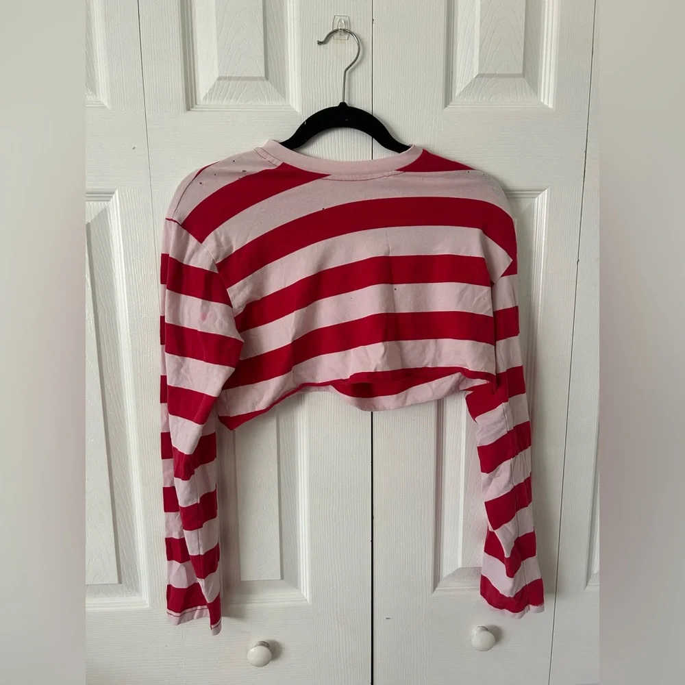 Vintage Red and Light Pink Striped Distressed Long Sleeve Crop Top - Picture 1 of 3